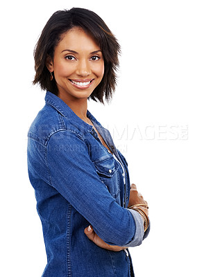 Buy stock photo Black woman, portrait and arms crossed on studio background, success and happiness in Atlanta. Happy female model, confidence and crossed arms on white background with denim fashion, smile and trust