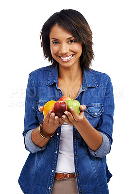 Buy stock photo Portrait, happy or black woman with an orange or apple in studio on white background excited with vegan diet. Smile, vitamin c or healthy African girl model with pride or organic fruit fo self care