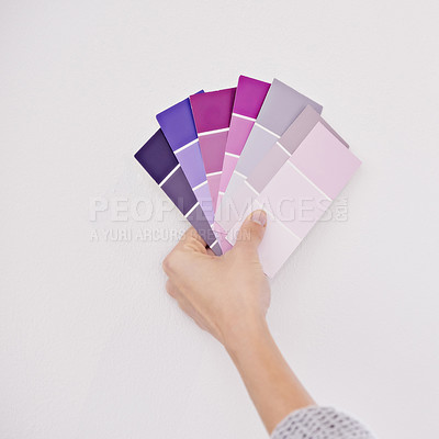 Buy stock photo Hand, color swatches for interior design and paint choice, home renovation and person for development and plan. DIY project, painter decision and palette for creativity and decor on white background