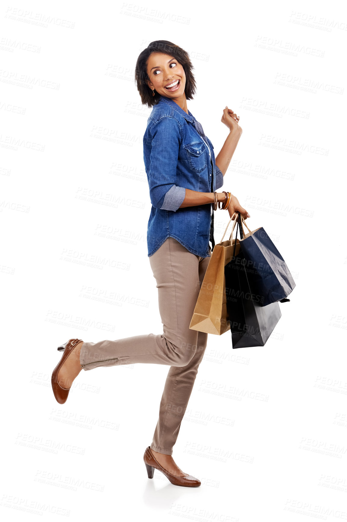 Buy stock photo Fashion, shopping or excited black woman in studio on white background with marketing mockup space. Celebration, sales or happy girl customer with shopping bags on discount deals or promotional offer