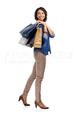 Buy stock photo Fashion, shopping or black woman with a happy smile in studio on white background with marketing mockup space. Clothes, sale or girl customer with shopping bags on discount deals or promotional offer