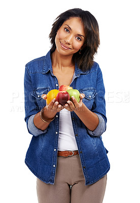 Buy stock photo Portrait, fruits or black woman with an orange or apple in studio on white background for healthcare or vegan diet. Smile, wellness or healthy African girl model happy with organic food or vitamin c