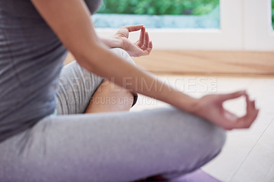 Buy stock photo Person, hands and home meditation for peace, calm and mental health in yoga, wellness and mindfulness. Yogi relax with lotus pose for spiritual body, chakra practice or holistic wellness in a closeup