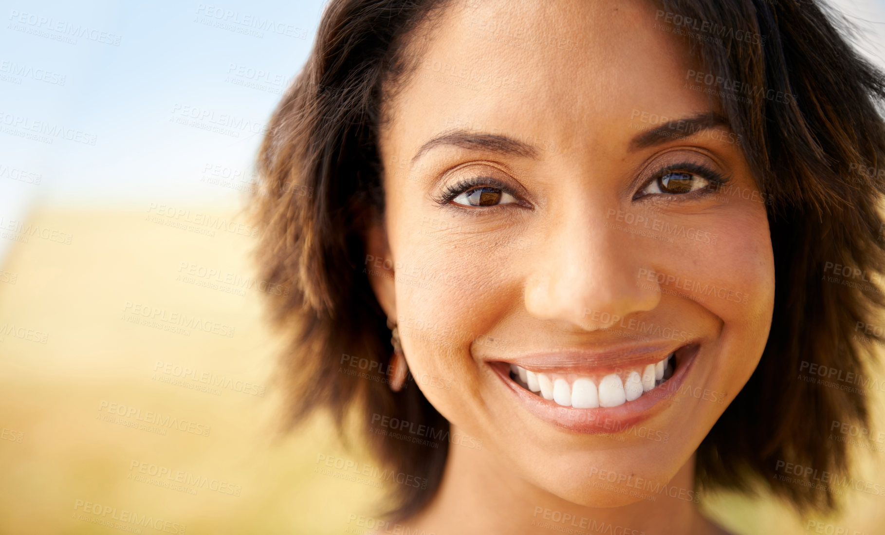 Buy stock photo Portrait, freedom or happy woman in an outdoor field in the countryside in spring to relax on break. Smile, wellness or female person in farm for fresh air on holiday vacation or travel in nature