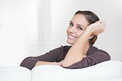 Buy stock photo Woman, relax and portrait in house, unwind and resting, satisfaction and living room. Happiness, calm and weekend with female person, home and joy, carefree and comfortable alone in sofa for rest 