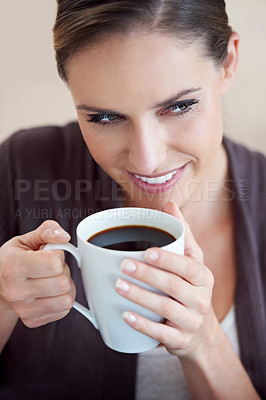 Buy stock photo Woman, coffee and smile, relax in apartment for comfort or morning routine with warm drink. Caffeine beverage, latte or espresso smell with peace and calm for chill at home with positive attitude