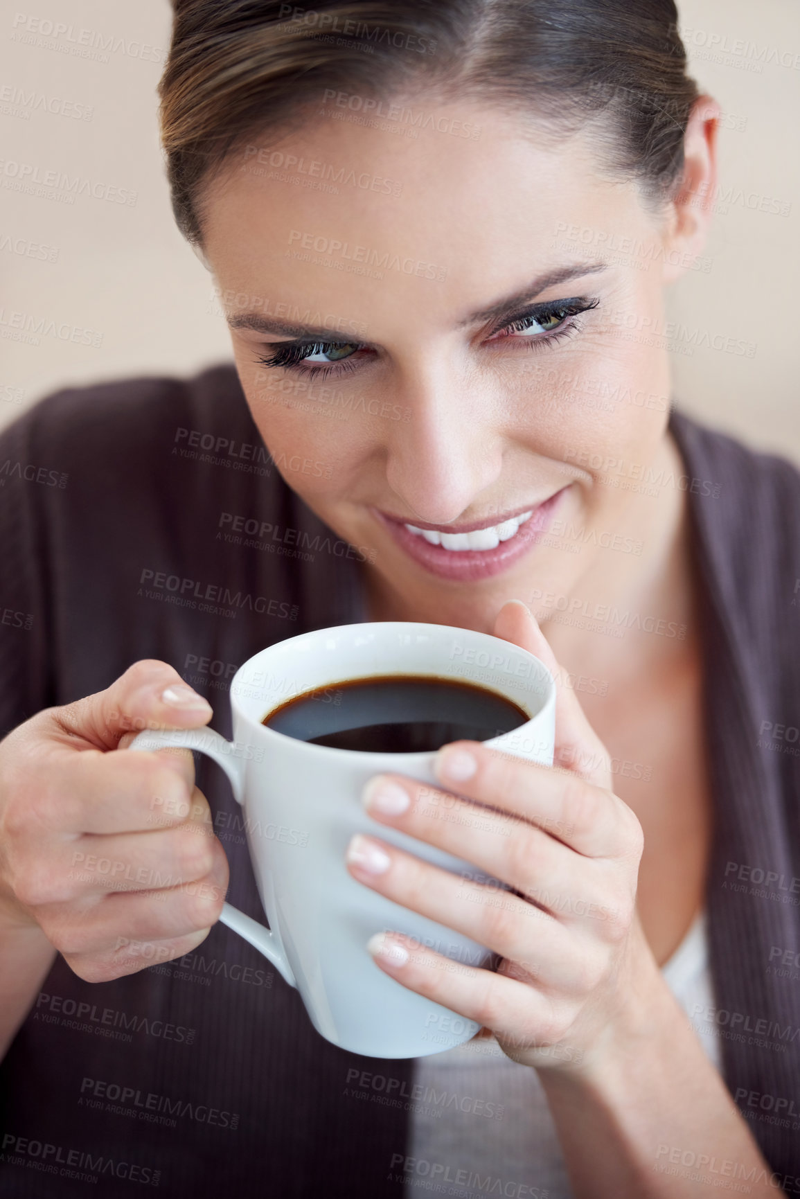 Buy stock photo Woman, coffee and smile, relax in apartment for comfort or morning routine with warm drink. Caffeine beverage, latte or espresso smell with peace and calm for chill at home with positive attitude
