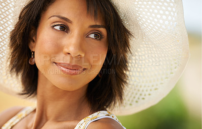 Buy stock photo Relax, smile or woman thinking in field, countryside or outdoor garden in spring, park or nature. Freedom, wellness or happy female person in farm to breathe in fresh air on holiday vacation travel