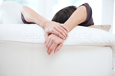 Buy stock photo Relax, sofa and hands of woman in living room for resting on weekend, free time and break in home. Apartment, house and person lying, comfortable and chill on couch for peace, calm and wellness