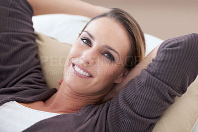 Buy stock photo Woman, relax and portrait in living room couch for positive, satisfaction and mindset. Happiness, calm and weekend with female person, home and joy, carefree and comfortable alone in sofa for rest 