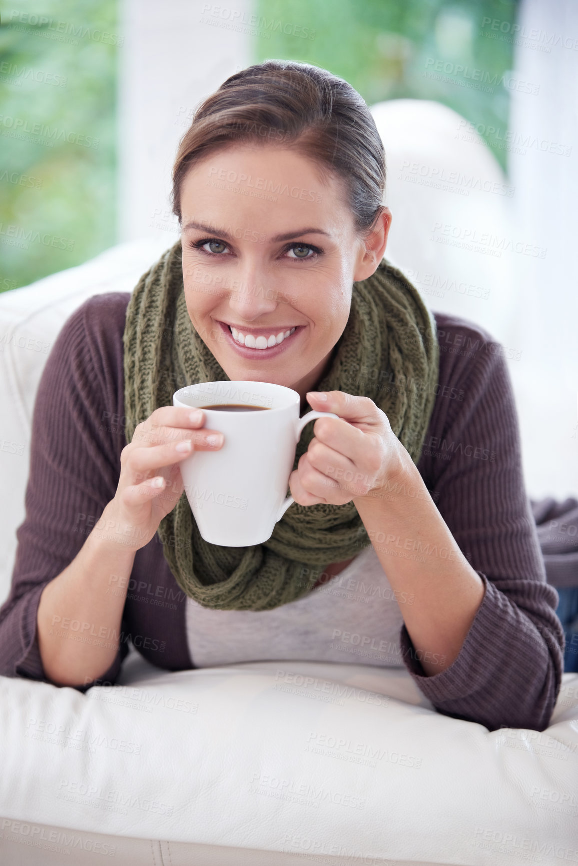 Buy stock photo Woman, happy in portrait and coffee, relax in apartment for comfort or morning routine with warm drink. Caffeine beverage in living room, latte or espresso for chill at home with positive attitude