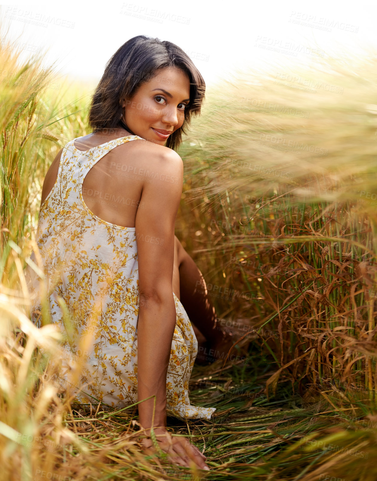 Buy stock photo Portrait, happy and woman in wheat field in the countryside, outdoor summer for health and relax. Face, back of person at farm grass and nature, garden and travel on holiday or vacation in Brazil