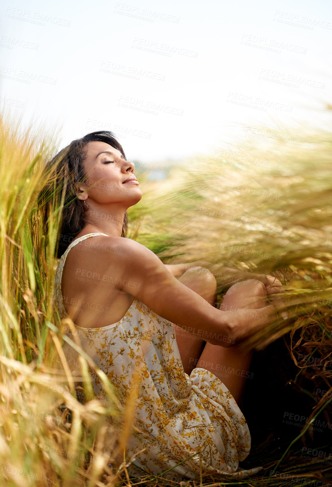 Buy stock photo Relax, summer or calm woman in a field, countryside or outdoor garden for freedom in park or nature. Zen, wellness or female person in farm to breathe in fresh air on holiday vacation or travel 
