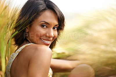Buy stock photo Portrait, freedom or happy woman in a field, countryside or outdoor garden in spring to relax on break. Smile, wellness or female person in farm for fresh air on holiday vacation or travel in nature 