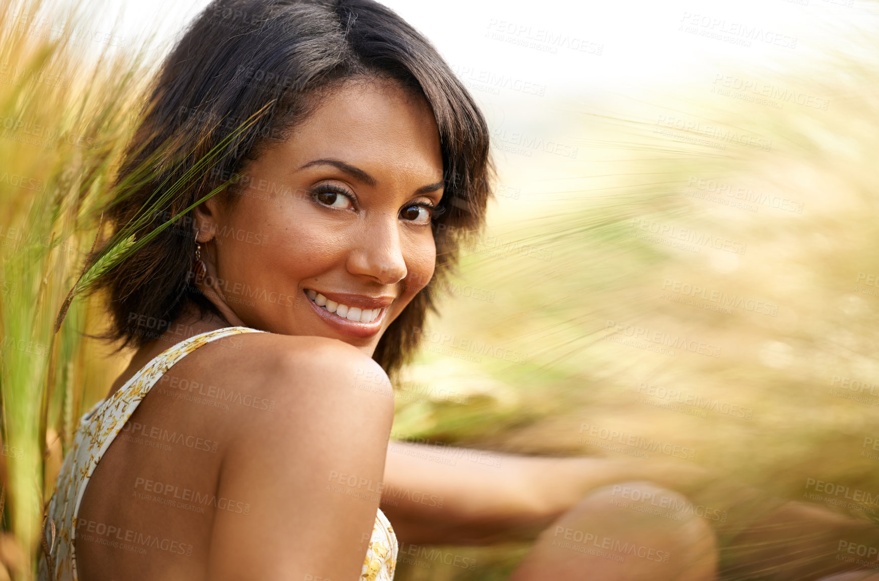 Buy stock photo Portrait, freedom or happy woman in a field, countryside or outdoor garden in spring to relax on break. Smile, wellness or female person in farm for fresh air on holiday vacation or travel in nature 