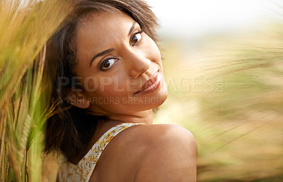 Buy stock photo Portrait, relax or happy woman in a field, countryside or outdoor garden in spring for freedom on break. Smile, wellness or female person in farm for fresh air on holiday vacation or travel in nature