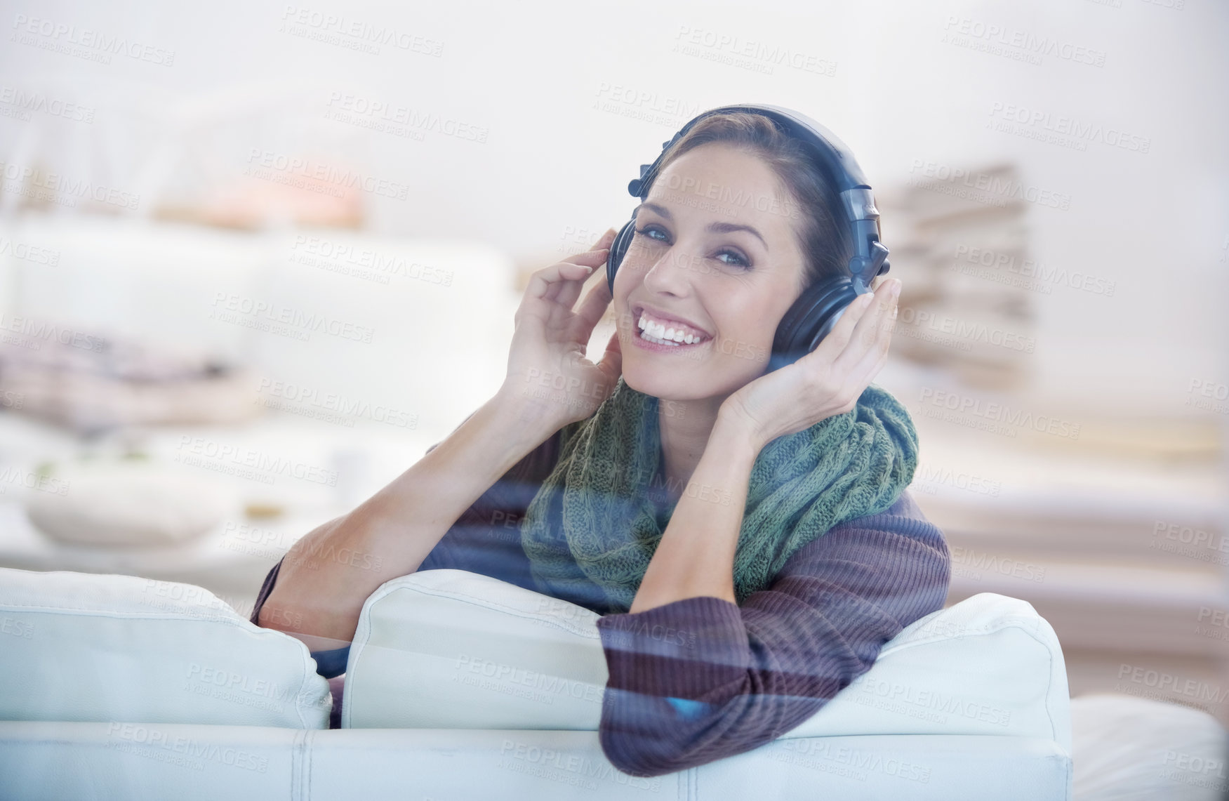 Buy stock photo Happy, portrait and woman with music headphones on a sofa streaming, listening or chilling at home. Face, smile and female person in a living room with earphones for radio, audio or playlist track