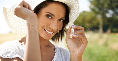 Buy stock photo Portrait, summer hat or happy woman in field, nature or outdoor park for freedom or peace on break. Smile, wellness or female person in farm for fresh air on holiday vacation or travel in countryside