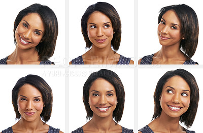 Buy stock photo Happy black woman, headshot or collage on isolated white background for emoji or facial expression mosaic. Smile, face or model in composite montage for fun profile picture or business ID photography