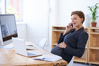 Buy stock photo Woman, pregnant and maternity phone call at office for peace break, childcare as waiting motherhood. Female person, stomach and book for holiday date as professional employee, career relax for infant