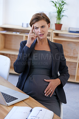 Buy stock photo Woman, pregnant and headache at work for maternity leave stress, anxiety or healthcare problem. Female person, stomach and temple pain for tired as waiting motherhood date, career fatigue in office