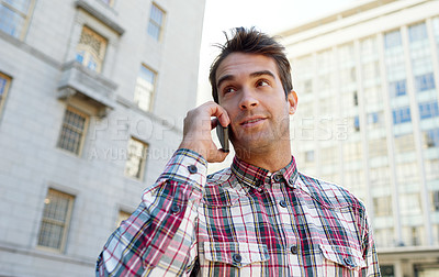 Buy stock photo Outdoor, phone call and man with sunshine, connection and communication with digital app or Italy. Person, city or conversation with cellphone or mobile user with discussion or contact with buildings