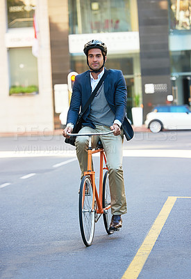 Buy stock photo Morning, bicycle and city with road and businessman with commute for green and sustainable transport. Cyclist, smile and bike for carbon footprint in New York by urban street with cycling to job