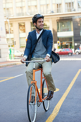 Buy stock photo Morning, commute and city road of businessman with bicycle for green and sustainable transportation. Cyclist, smile and bike for carbon footprint in New York by urban street with entrepreneur cycling