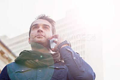 Buy stock photo City, phone call and man with sunshine, connection and communication with digital app or Italy. Person, outdoor or lens flare with smartphone or mobile user with discussion or contact with urban town