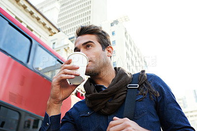 Buy stock photo Coffee, city and walking with man, travel and commute with buildings and summer in Cape Town. Person, outdoor and guy with morning tea or routine with student and sunshine with adventure or break