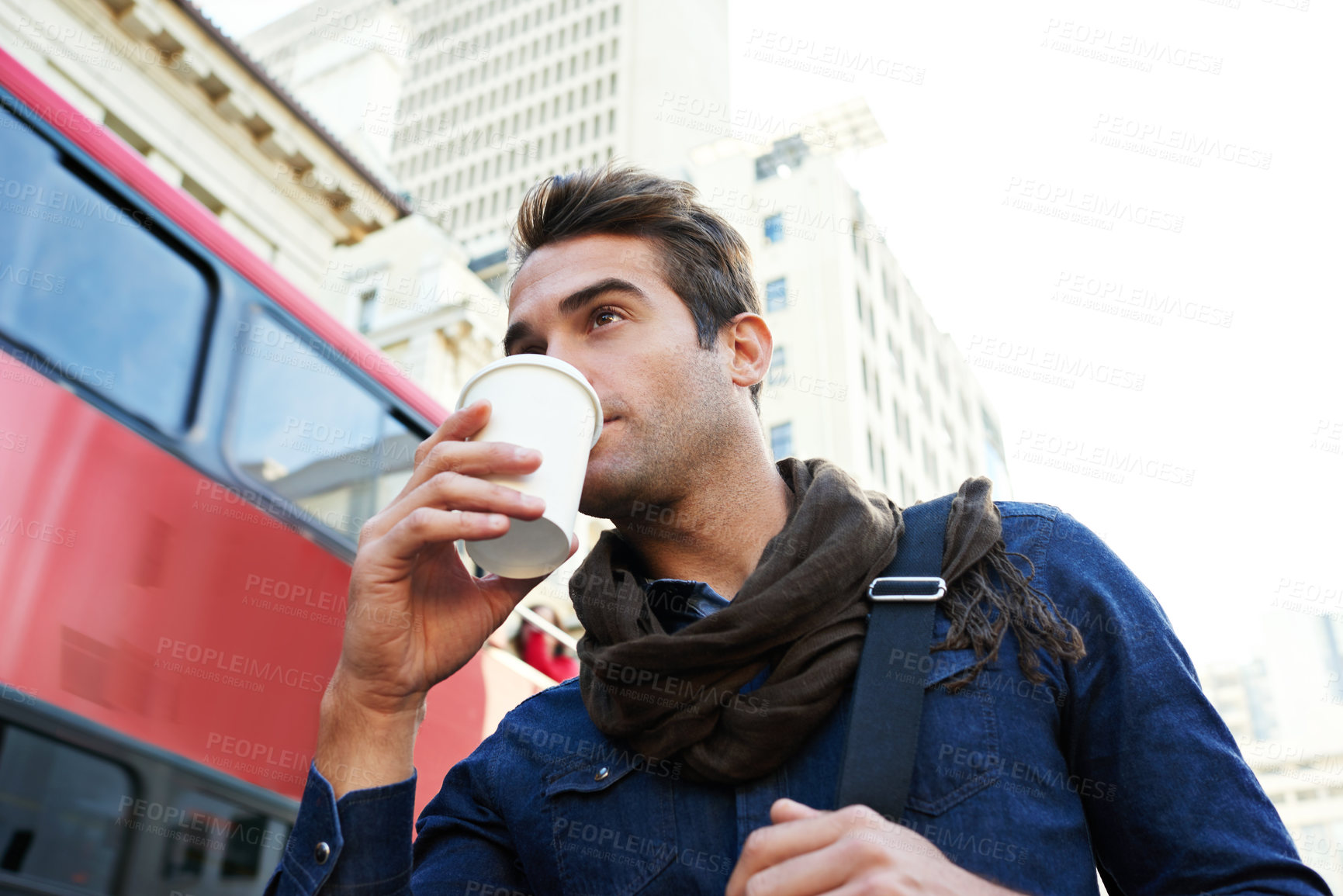Buy stock photo Coffee, city and walking with man, travel and commute with buildings and summer in Cape Town. Person, outdoor and guy with morning tea or routine with student and sunshine with adventure or break