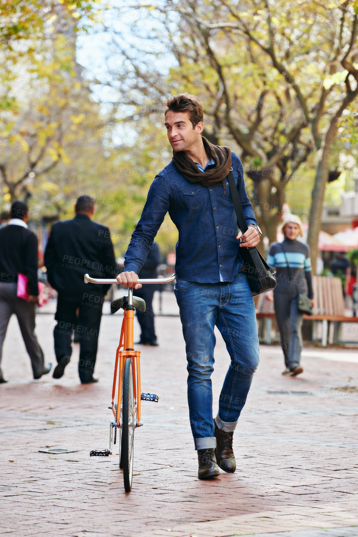 Buy stock photo Man, walking and travel on bicycle in street on eco friendly transport outdoor, commute and trip. Cycling, person and push bike in urban town, city or road for journey at sidewalk of park with bag