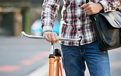 Buy stock photo Hands, person and push bicycle in street to travel on eco friendly transport outdoor, commute or walking on trip. Cycling, bag and bike in urban town, city or road for journey on sidewalk in summer