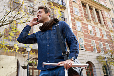 Buy stock photo City, phone call and man with sunshine, bike and communication with urban town and Italy. Person, outdoor or connection with cellphone or mobile user with discussion or contact with cyclist or travel