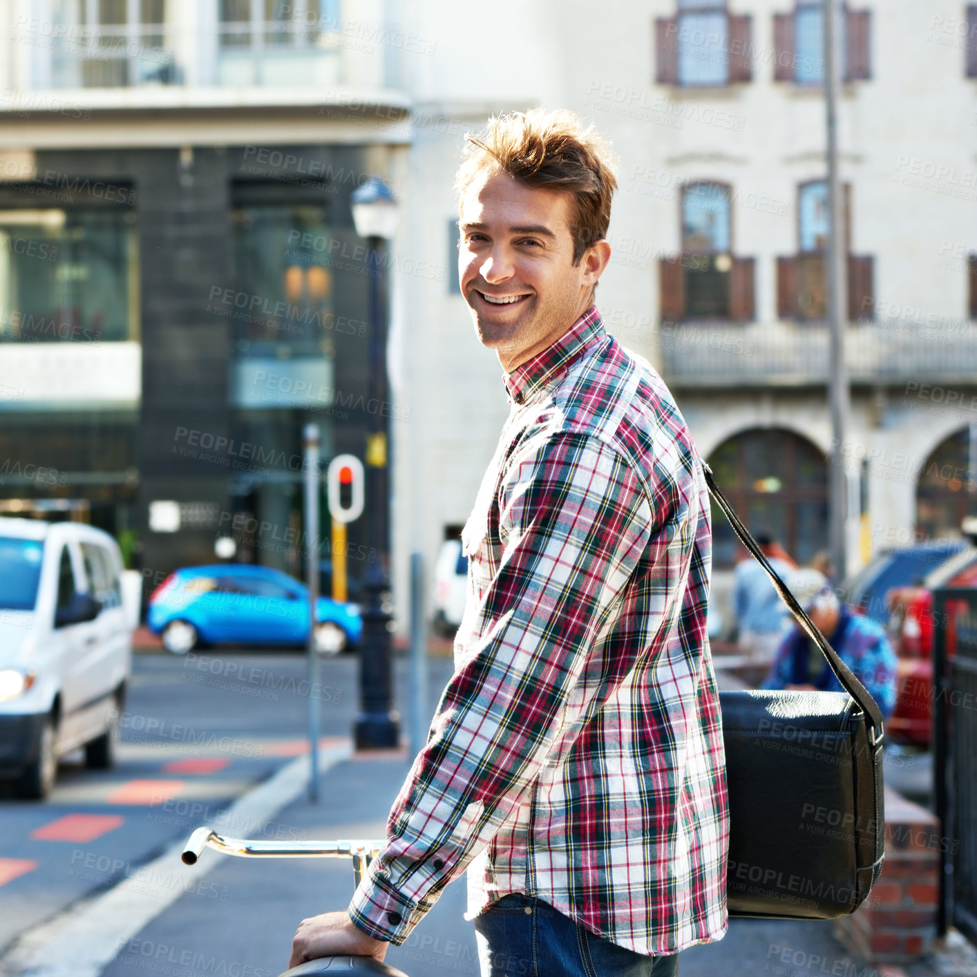 Buy stock photo Portrait, happy man and push bicycle in street to travel on eco friendly transport outdoor, commute or walk. Cycling, person and bike in urban town, city and road for journey on sidewalk in Canada