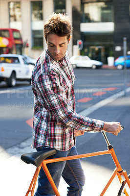 Buy stock photo Man, walk with bike in city street and travel, journey and carbon footprint with sustainability and cycling. Bicycle, sidewalk and eco friendly transportation outdoor with cyclist on commute