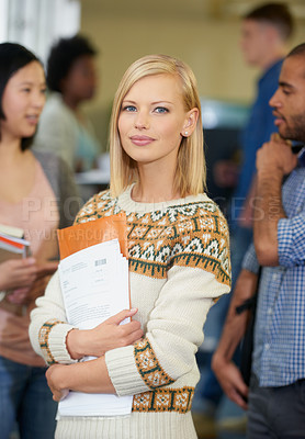 Buy stock photo Student, portrait and university lecture or paperwork in college building or studying, academic or development. Female person, face and confidence on academy in USA campus or project, exam or test