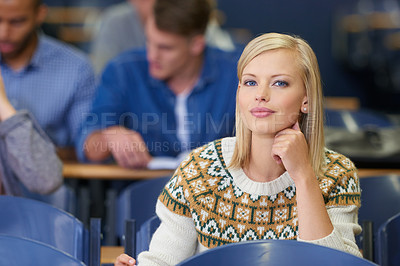 Buy stock photo Student, learning and university portrait in lecture, hall and development in class with education. College, campus and girl studying for test in school and thinking of project, research or knowledge