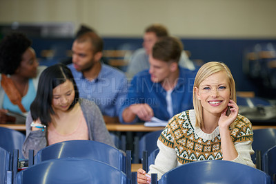 Buy stock photo University, students and happy portrait in lecture, classroom and learning in course for education. College, campus and people studying for test in school and reading project, research or knowledge