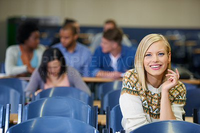 Buy stock photo University, students and happy portrait in classroom and learning in course lecture for education. College, campus and people studying for test in school and reading project, research or knowledge