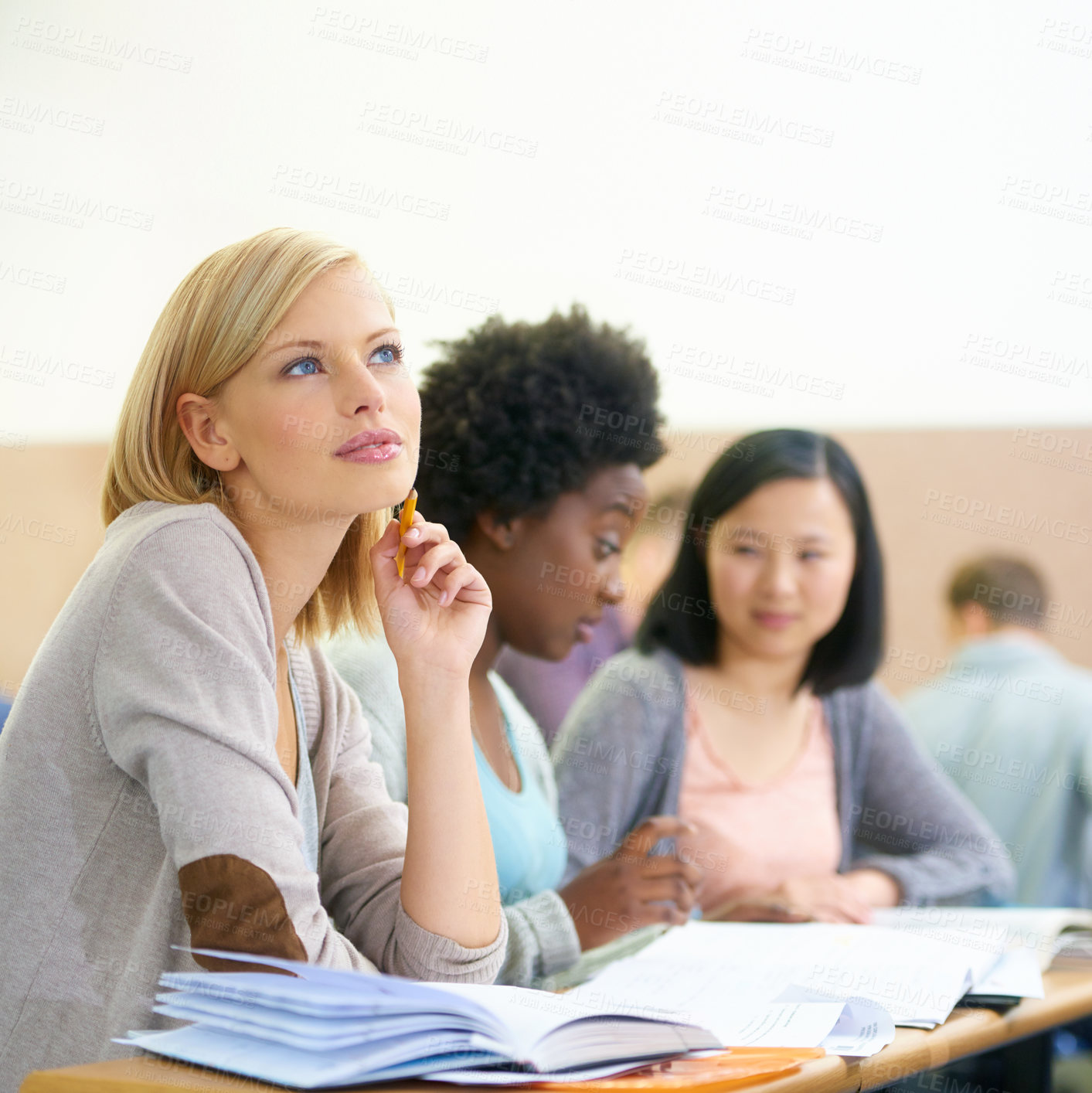 Buy stock photo Student, university and woman thinking in classroom, information and notes for studying. People, books and knowledge in education for learning, problem solving and ideas for solution in assessment