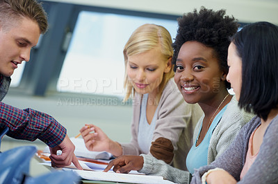 Buy stock photo Students, teamwork and paperwork for group project in university for collaboration, assessment or education. Friends, face and diversity with smile on London campus or planning, proposal or knowledge