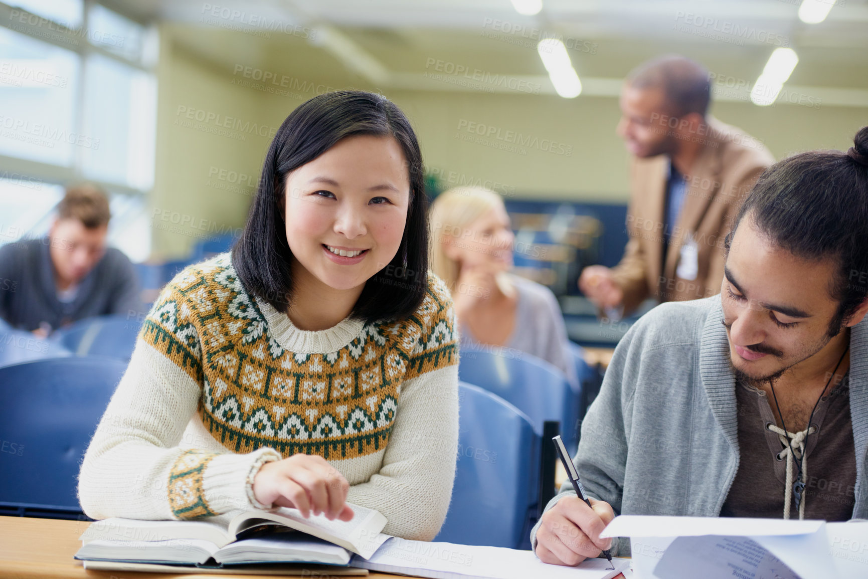 Buy stock photo Students, friends and portrait in university classroom for academy lecture for english, literature or learning. Man, woman and books for research project for college teamwork, collaboration or London