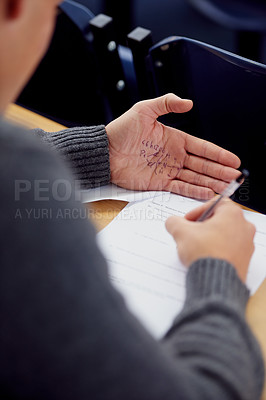 Buy stock photo Hand, test and cheating with answer for math exam in classroom for equations, geometry or education. Student, palm and formula note or paperwork for study assessment or university, secret or lying
