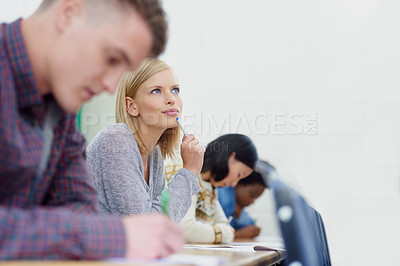 Buy stock photo Student, desk and thinking in university for test in english literature or scholarship, learning or knowledge. Female person, thoughts and education for school development or future, course or London