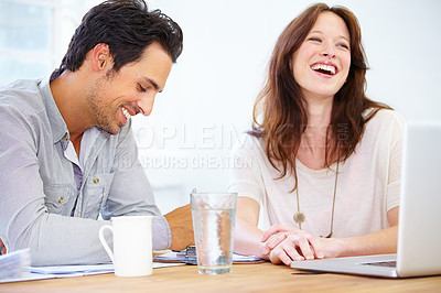 Buy stock photo Team, funny business people and discussion at table in office, collaboration or planning strategy in startup. Creative, coworking and employees brainstorming or designers laugh in meeting on laptop