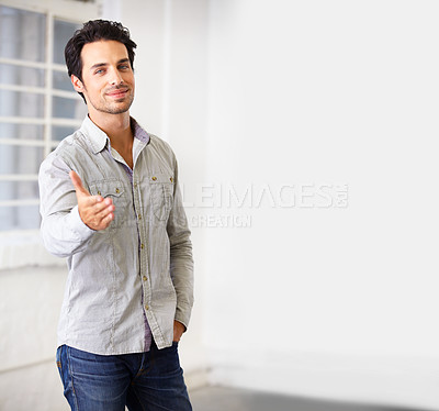 Buy stock photo Portrait, man and realtor with handshake to welcome you to house, home or property with mockup space. Face, shaking hands and male real estate agent with deal, agreement and opportunity for sale.