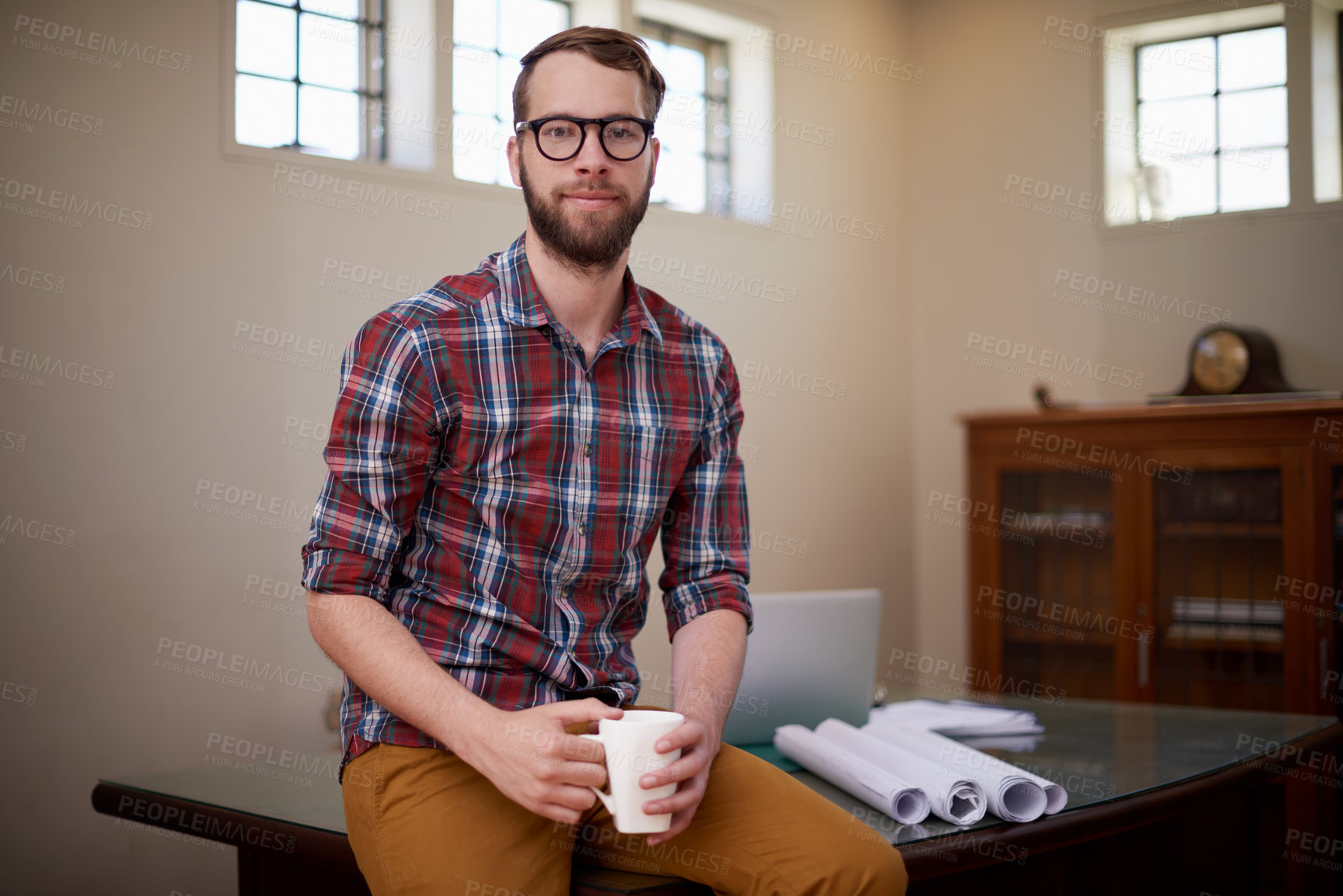 Buy stock photo Portrait, coffee and handyman with blueprint, architect and construction company with real estate. Face, employee and entrepreneur with morning tea or design for a property and engineering with ideas