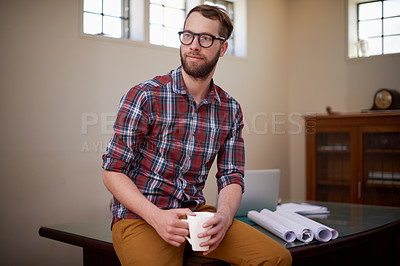 Buy stock photo Thinking, solution and man with coffee, engineering and architect with blueprint or decision. Person, employee or planning for project with morning tea or construction with problem solving or startup