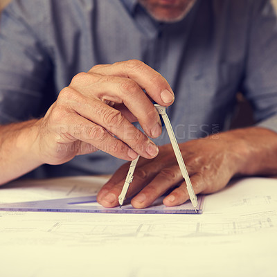 Buy stock photo Hands, compass and triangle for architecture, blueprint drawing for construction with person and stationery. Drawing tools, equipment and closeup of floor plan for property development or renovation